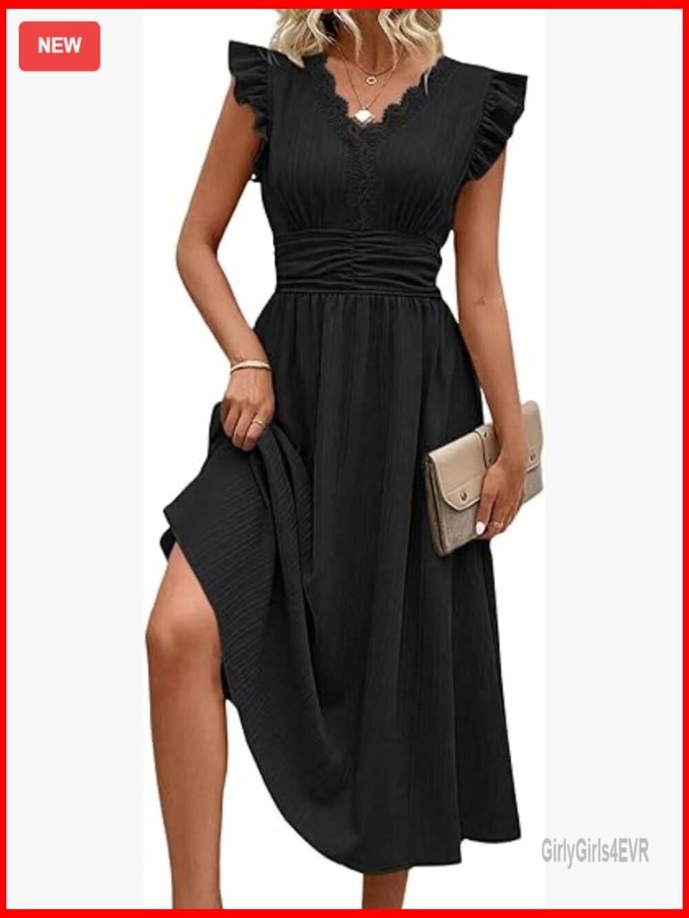 Elegant Ruffle Sleeve Midi Dress Smocked Waist Pockets